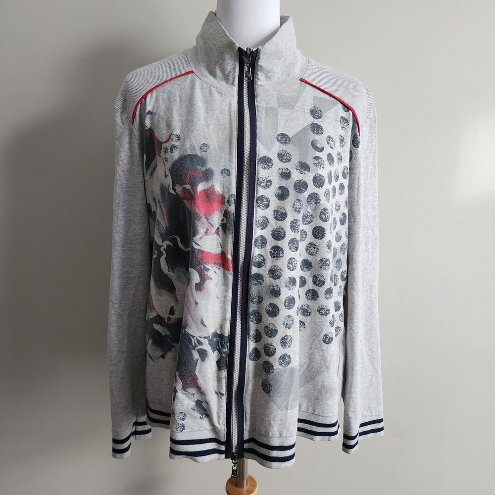 Betty‎ Barclay Elements Zip Up Jacket Womens 14 Gray Floral Polka Dot Jersey Art